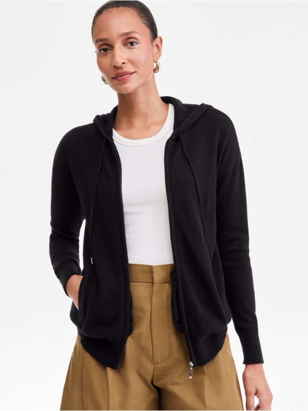 Black Cashmere Zip Up Hoodie Cardigan Sweater - Picture 4 of 6